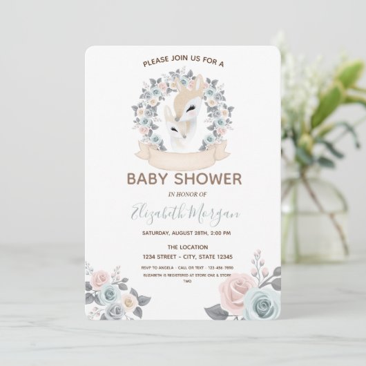 Schattige Baby Rendieren Bloemen Baby shower Kaart (Staand voorkant)