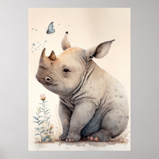 Schattige Baby Rhino Waterverf Nursery Poster