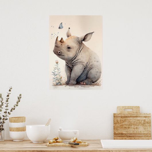 Schattige Baby Rhino Waterverf Nursery Poster (Keuken)