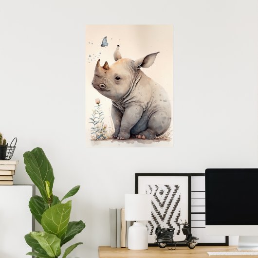 Schattige Baby Rhino Waterverf Nursery Poster (Thuiskantoor)