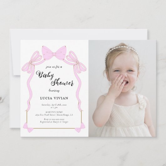 Schattige Baby Roze Coquette Bow Foto Baby shower Kaart (Voorkant)
