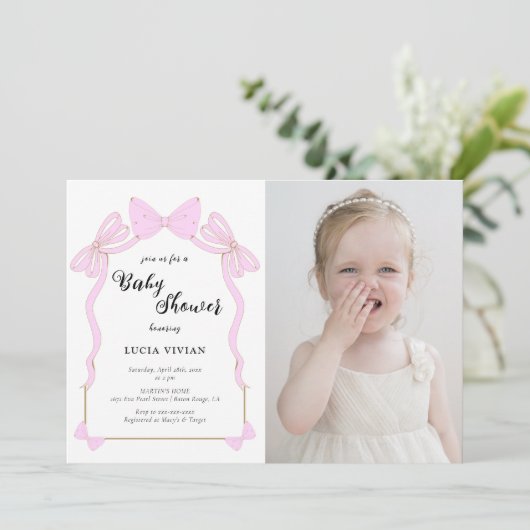 Schattige Baby Roze Coquette Bow Foto Baby shower Kaart (Staand voorkant)