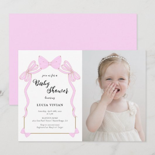 Schattige Baby Roze Coquette Bow Foto Baby shower Kaart (Voorkant / Achterkant)