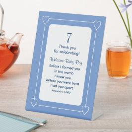 Schattige Baby shower Bijbelvers Christelijk Blauw Reclamebord Met Voetstuk