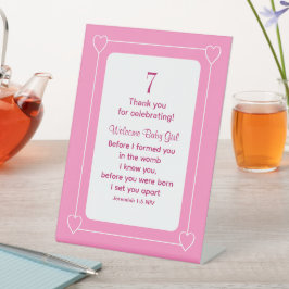 Schattige Baby shower Bijbelvers Christelijk Roze  Reclamebord Met Voetstuk