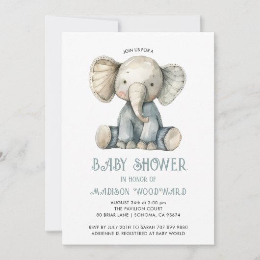 Schattige Baby shower Blauw Gevulde Olifant Speelg Kaart (Voorkant)