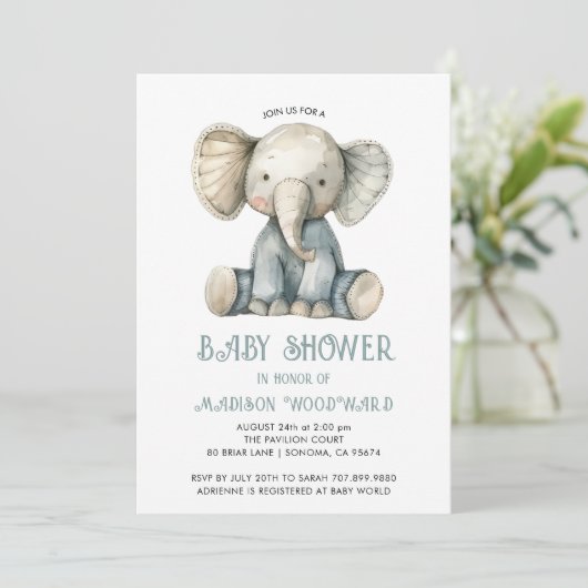 Schattige Baby shower Blauw Gevulde Olifant Speelg Kaart (Staand voorkant)