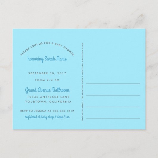 Schattige Baby shower Blauwe Gestreepte Jongen met Uitnodiging Briefkaart (Achterkant)