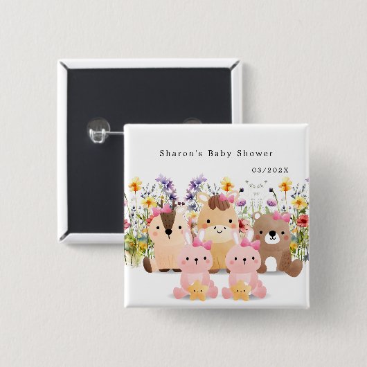 Schattige Baby shower Button | Dieren en wilde blo (Voorkant /achterkant)