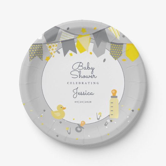 Schattige Baby shower Geel Grijs Gender Neutral Mo Papieren Bordje (Voorkant)