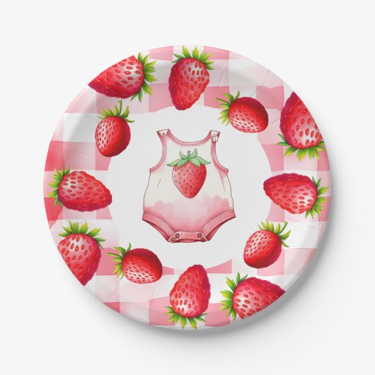 Schattige Baby shower Gingham Strawberry Papieren Bordje (Voorkant)