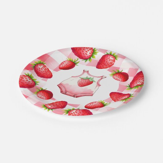 Schattige Baby shower Gingham Strawberry  Papieren Bordje (Gekanteld)