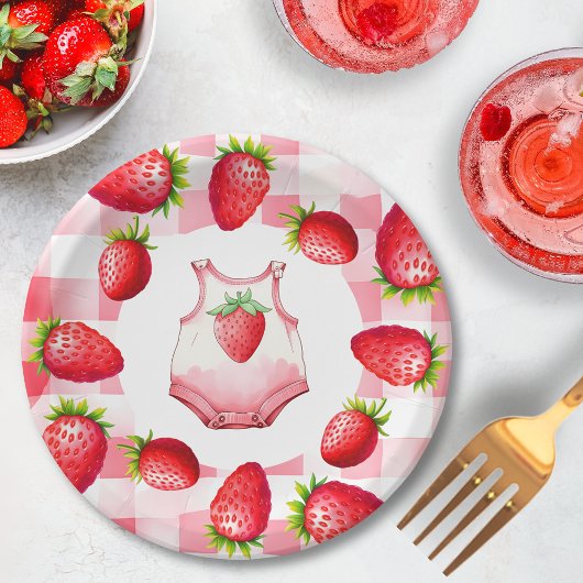 Schattige Baby shower Gingham Strawberry  Papieren Bordje