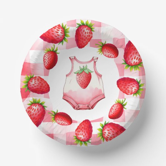 Schattige Baby shower Gingham Strawberry Picknick  Papieren Kommen (Voorkant)