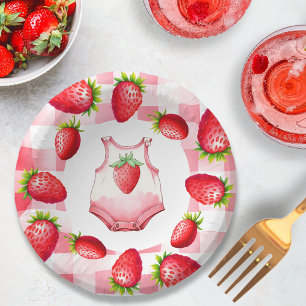 Schattige Baby shower Gingham Strawberry Picknick Papieren Kommen