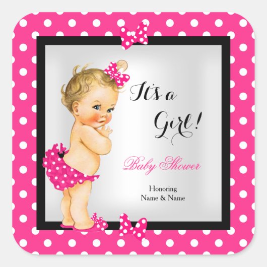 Schattige Baby shower Meisje Heet Roze Zwart Blond Vierkante Sticker (Voorkant)