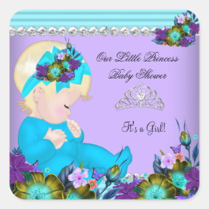 Schattige baby shower meisje turquoise paars blond vierkante sticker