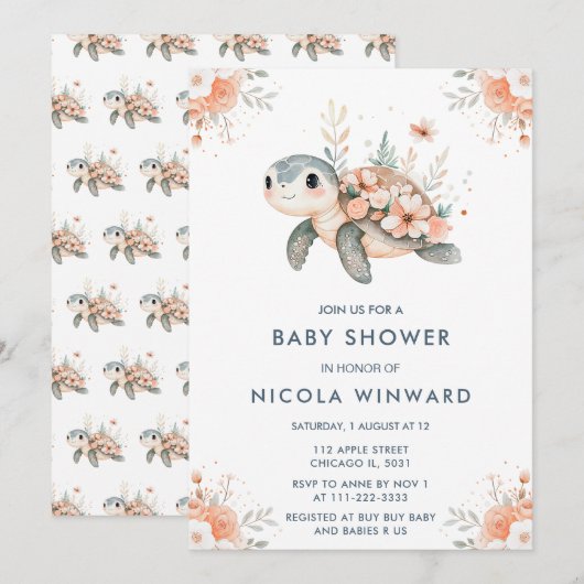 Schattige Baby shower van de bloemenschildpad Kaart (Voorkant / Achterkant)