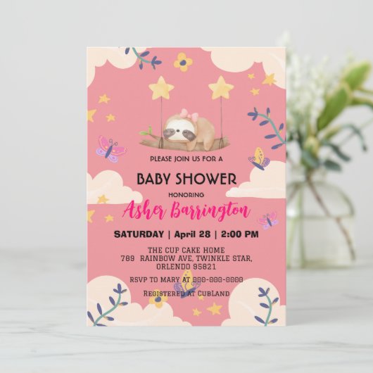 Schattige Baby sloth vlinder baby shower feest Kaart (Staand voorkant)