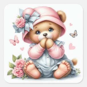 Schattige baby teddybeer met roze pet en boog vierkante sticker