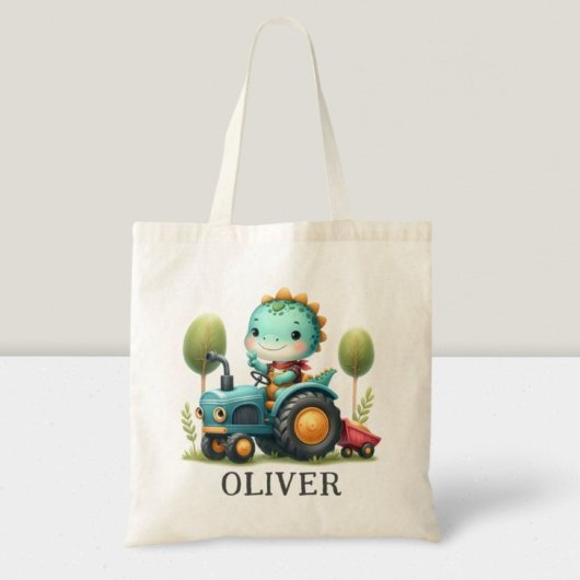 Schattige Baby Trex Dinosaur op een Blauwe Tractor Tote Bag