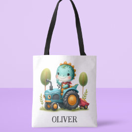 Schattige Baby Trex Dinosaur op een Blauwe Tractor Tote Bag