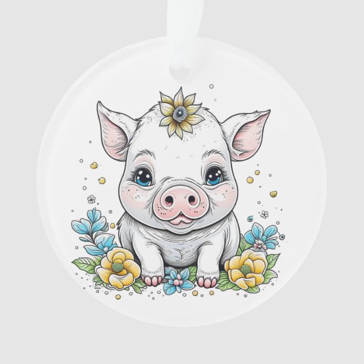 Schattige Baby Varkensvarken met bloem op haar hoo Ornament (voorkant)