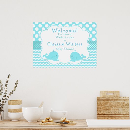 Schattige Baby Whale Blue Boy Baby shower Poster (Keuken)