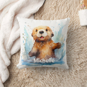 Schattige Baby Zee Otter in Water Splashes Geperso Kussen