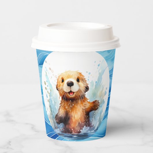 Schattige Baby Zee Otter in Water Splashes Geperso Papieren Bekers (Voorkant)