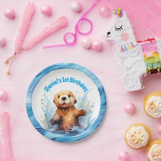 Schattige Baby Zee Otter in Water Splashes Geperso Papieren Bordje (Feest)