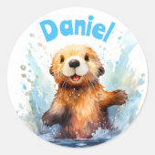 Schattige Baby Zee Otter in Water Splashes Geperso Ronde Sticker (Voorkant)