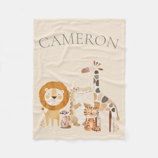 Schattige Baby Zoo Animals Aangepaste naam Beige Fleece Deken (Voorkant)