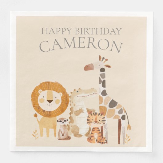Schattige Baby Zoo Animals Aangepaste naam Beige Servet (Voorkant)