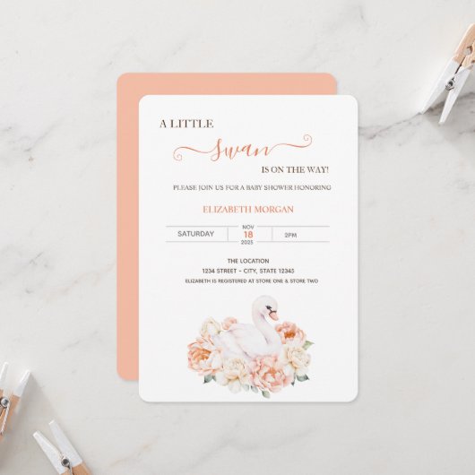 Schattige Baby zwaan Rozen Baby shower Kaart (Voorkant / Achterkant in situ)