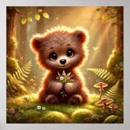 Schattige babybeer met bloemen in betoverd bos | poster