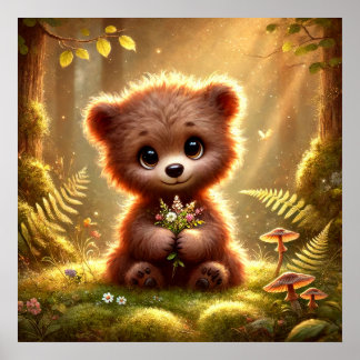 Schattige babybeer met bloemen in betoverd bos | poster