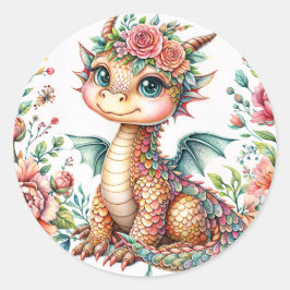Schattige Babydraak Bloesems – Bloemenschildering Ronde Sticker