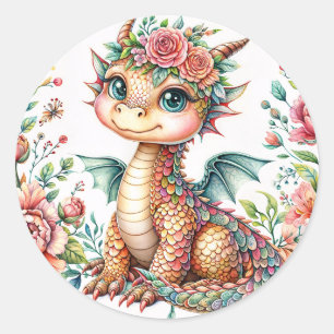 Schattige Babydraak Bloesems – Bloemenschildering Ronde Sticker