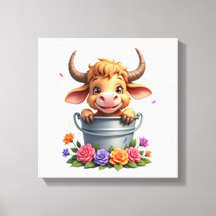 Schattige babyhooglandkoe met bloemen Kalf Dier co Canvas Afdruk