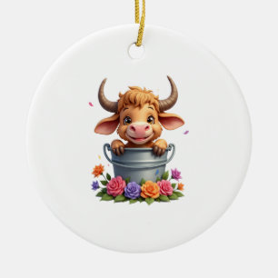Schattige babyhooglandkoe Met bloemen Kalf Dier co Keramisch Ornament
