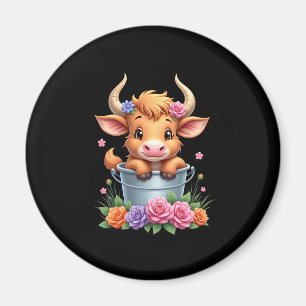 Schattige babyhooglandkoe met bloemen Kalf Dier co Magneet