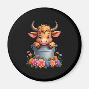 Schattige babyhooglandkoe met bloemen Kalf Dier co Magneet
