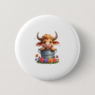 Schattige babyhooglandkoe met bloemen Kalf Dier co Ronde Button 5,7 Cm