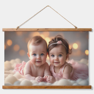 Schattige babyjongen en -meisje delen een zoet mom hangend wandkleed