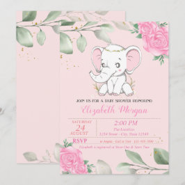 Schattige babyolifant, bladeren, bloemige babyshow kaart