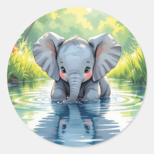 Schattige babyolifant en reflectie ronde sticker
