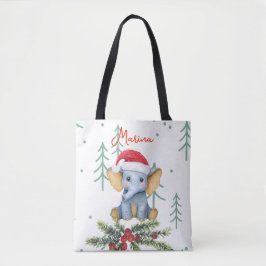 Schattige babyolifant in rode kerstmuts tote bag