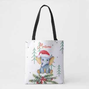 Schattige babyolifant in rode kerstmuts tote bag