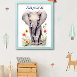 Schattige babyolifant pastel waterverf lente bloem poster